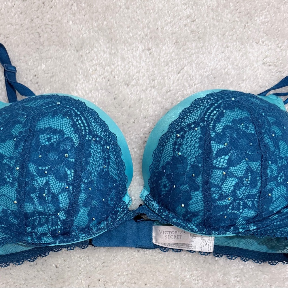 Victoria's Secret Teal Lace Push-Up Bra with Rhinestones